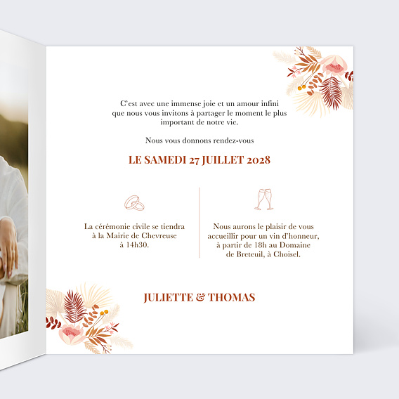 Faire part mariage Initiales bohème Intérieur Droit