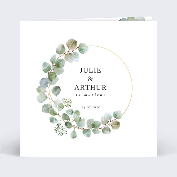 Faire part mariage Couronne Eucalyptus avec Graines Recto
