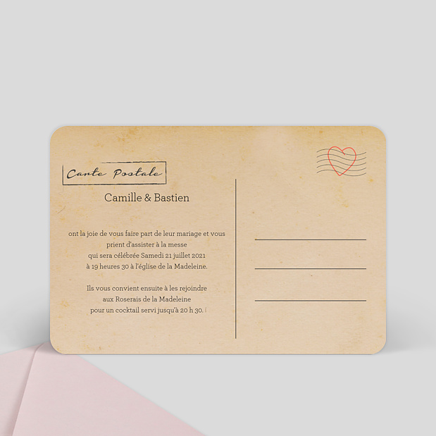 Faire-part de Mariage Carte Postale Vintage Verso