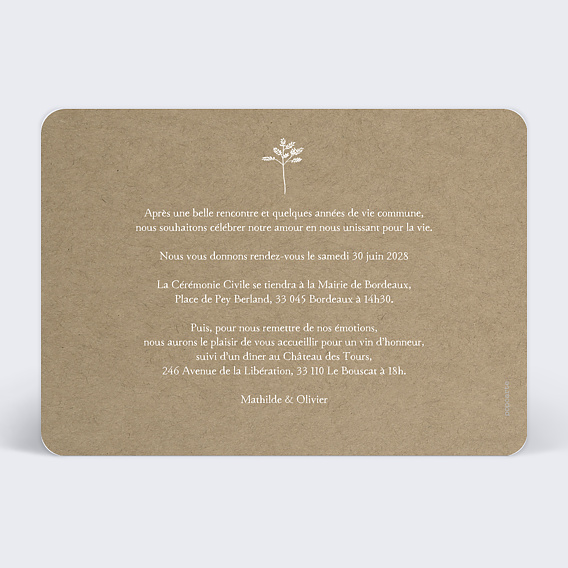 Faire part mariage Bouquet Champêtre Photo Verso