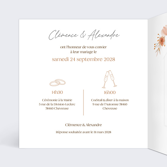 Faire part mariage Flower of Fall avec Graines Intérieur Gauche