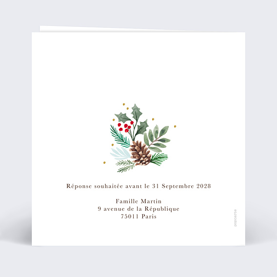 Faire part mariage Jardin de Noël Verso