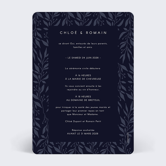 Faire part mariage Arche Botanique Verso