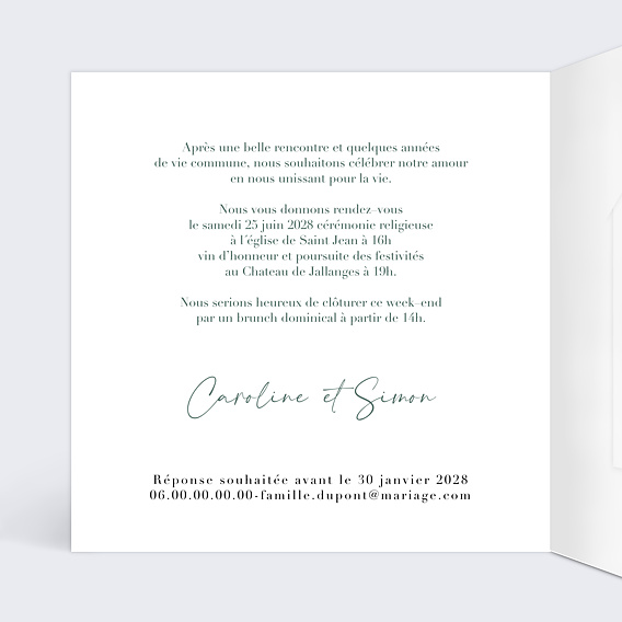 Faire part mariage Bohemia avec graines Intérieur Gauche