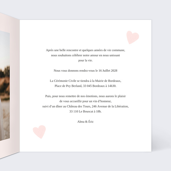 Faire part mariage Envolée de coeurs Intérieur Droit