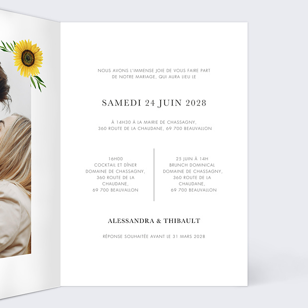 Faire-part Mariage Étiquette Tournesol Intérieur Droit