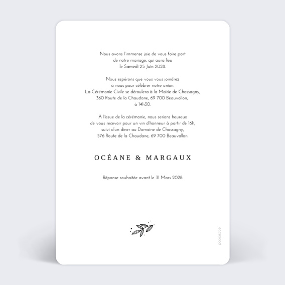 Faire part mariage Floréal Verso