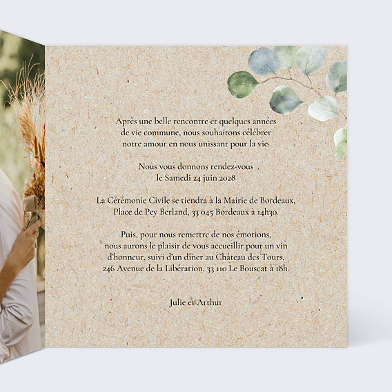 Faire-part Mariage Couronne Ocre Eucalyptus Kraft