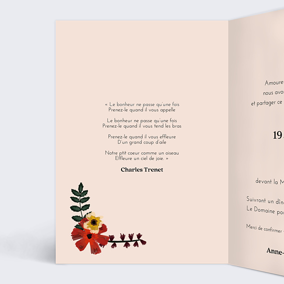 Faire part mariage Anémone Intérieur Gauche