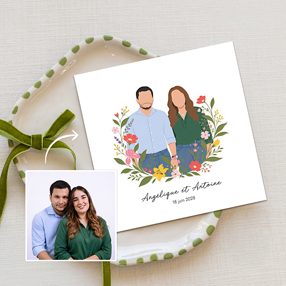 Faire-part Mariage Portrait minimaliste avec couronne champêtre