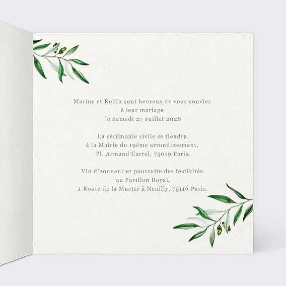 Faire part mariage Arche et Oliviers Intérieur Droit