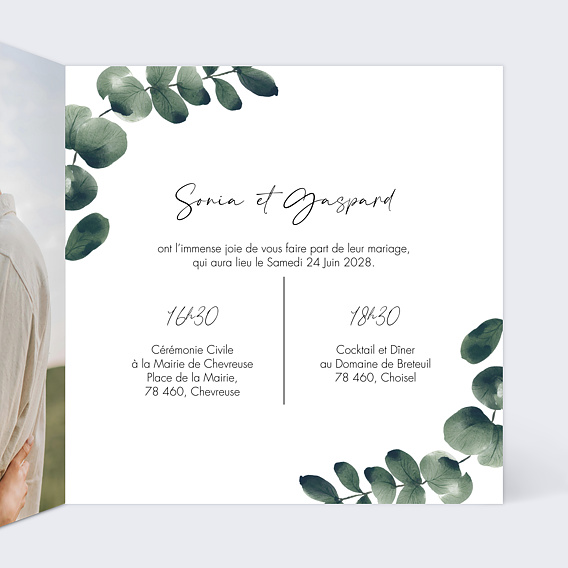 Faire part mariage Branche d'Eucalyptus Intérieur Droit
