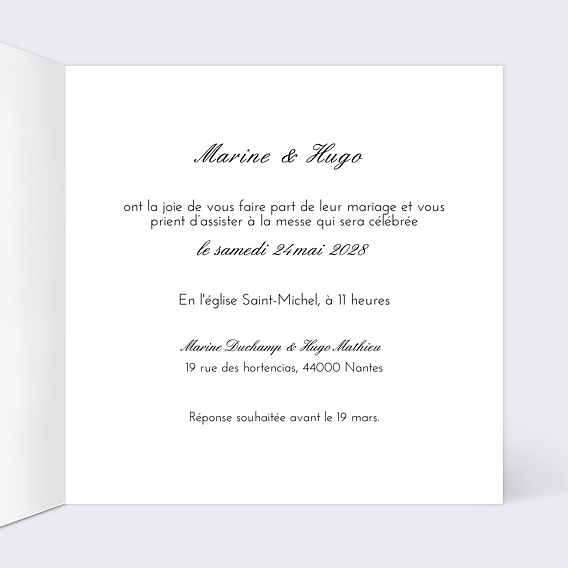 Faire part mariage Classique avec prénoms Intérieur Droit