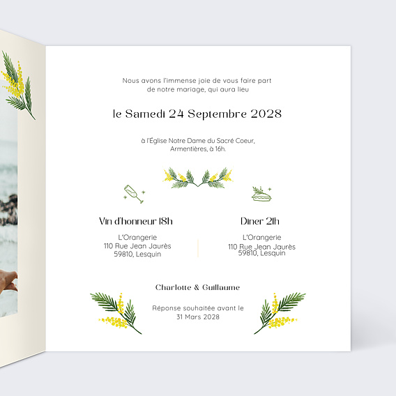 Faire part mariage Couronne de Mimosa Intérieur Droit