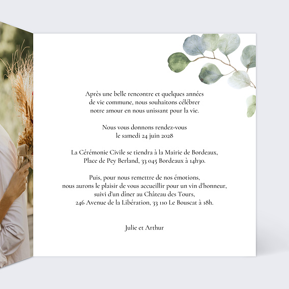 Faire part mariage Couronne Ocre Eucalyptus Intérieur Droit
