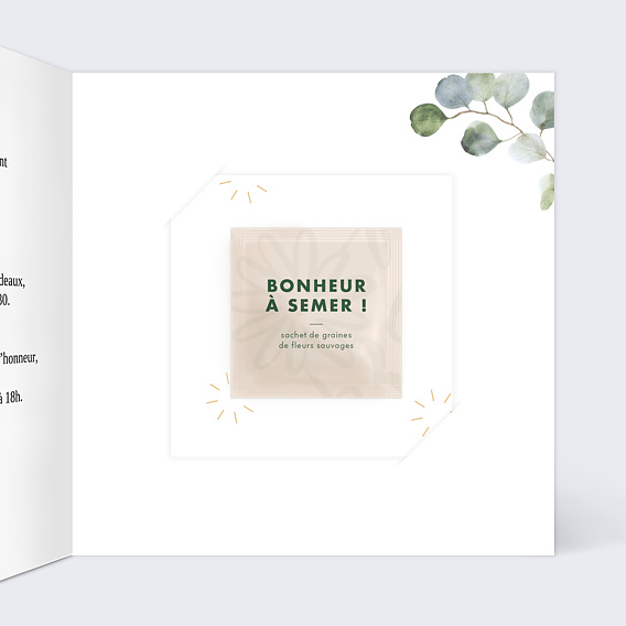 Faire part mariage Couronne Eucalyptus avec Graines Intérieur Droit