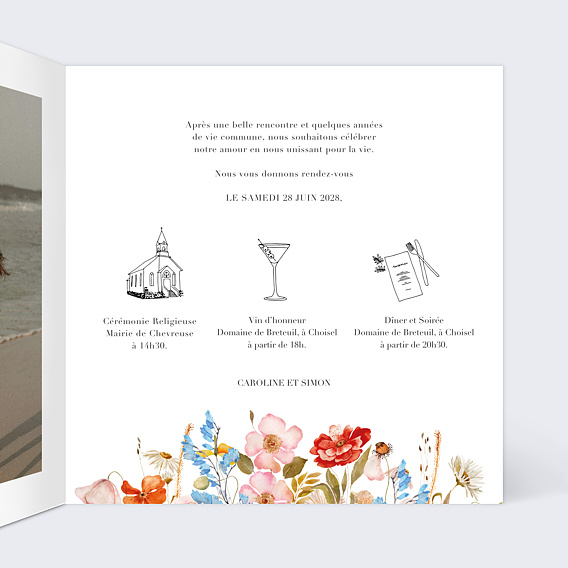 Faire part mariage Éveil des fleurs Intérieur Droit