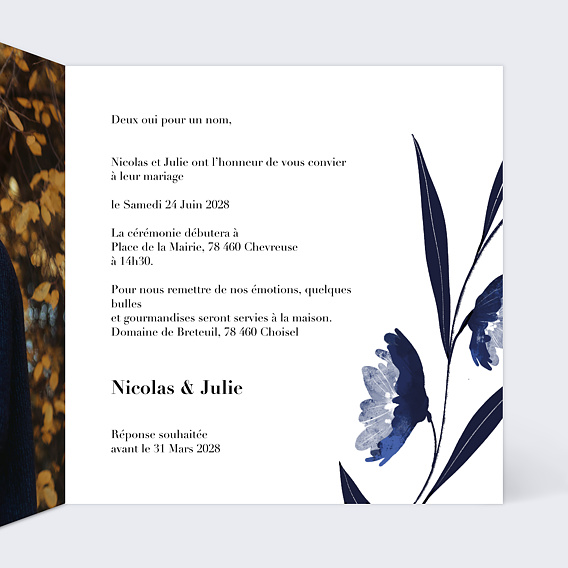 Faire part mariage Fleurs Bleues Aquarelle Intérieur Droit