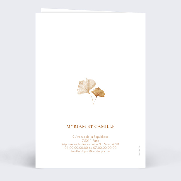 Faire-part Mariage Initiales Ginkgo Verso