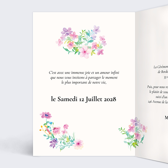 Faire part mariage Petites Fleurs Colorées Intérieur Gauche