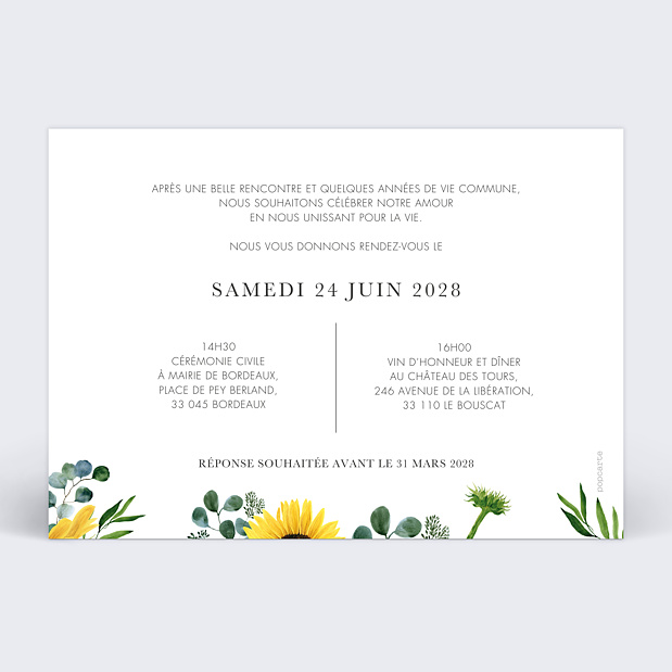Faire-part Mariage Eucalyptus et Tournesol Verso