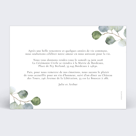 Faire-part Mariage Branche d'eucalyptus