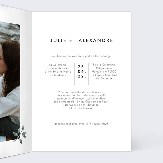 Faire part mariage Fiori Intérieur Droit