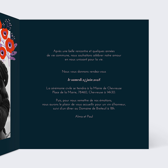 Faire part mariage Étiquette Fleurs Rouges Intérieur Droit