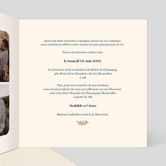 Faire part mariage Mésange Couronne Intérieur Droit