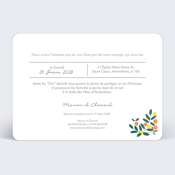 Faire part mariage Fruits et Fleurs Verso