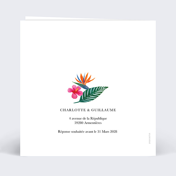 Faire part mariage Couronne Exotique Verso