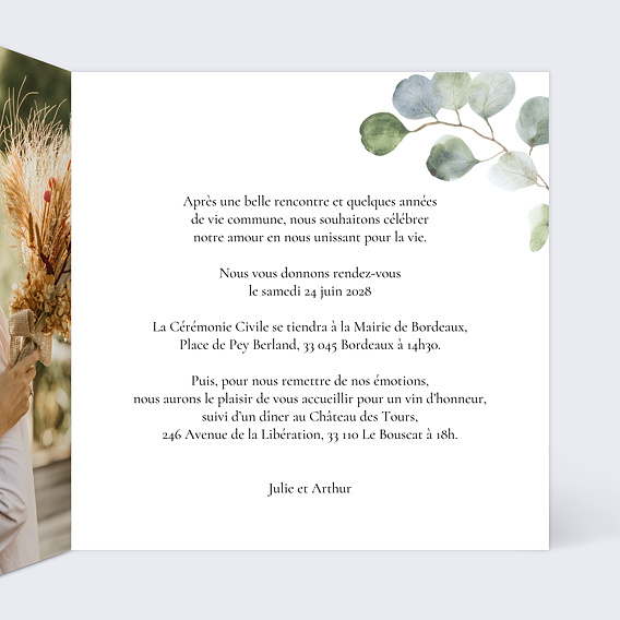 Faire part mariage Couronne Ocre Eucalyptus Intérieur Droit