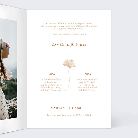 Faire part mariage Initiales Ginkgo Intérieur Droit