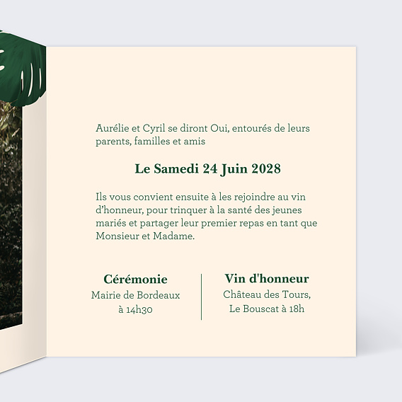 Faire part mariage Monstera Jungle Intérieur Droit