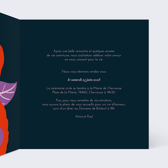 Faire part mariage Fleurs Rouges Intérieur Droit