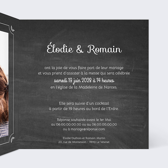 Faire part mariage Feuilles Ardoise Intérieur Droit