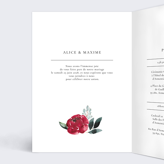 Faire part mariage Romantic Peonies Intérieur Gauche