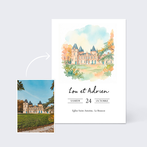 Faire part mariage Lieu de cérémonie en aquarelle Après 2