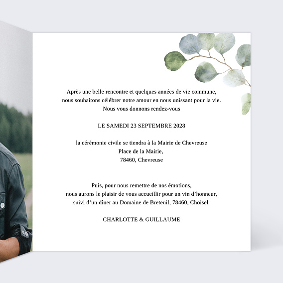 Faire part mariage Couronne Eucalyptus Intérieur Droit