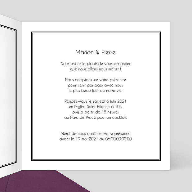 Faire-part Mariage Cuir Matelassé Noir Intérieur Droit