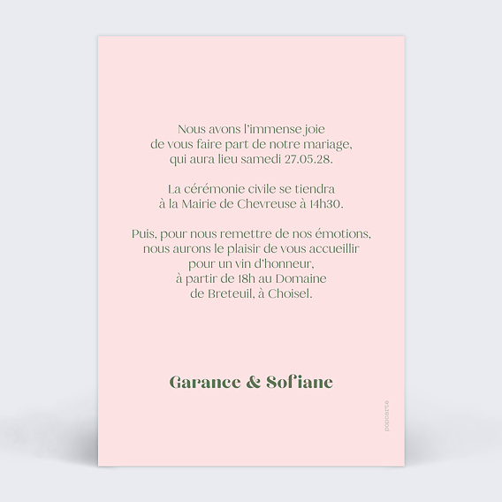 Faire part mariage Date verticale sans photo Verso