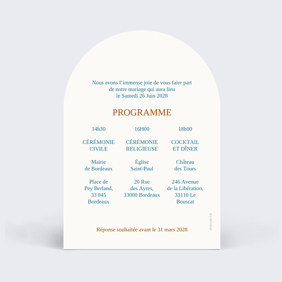 Faire part mariage Toile de jouy Verso