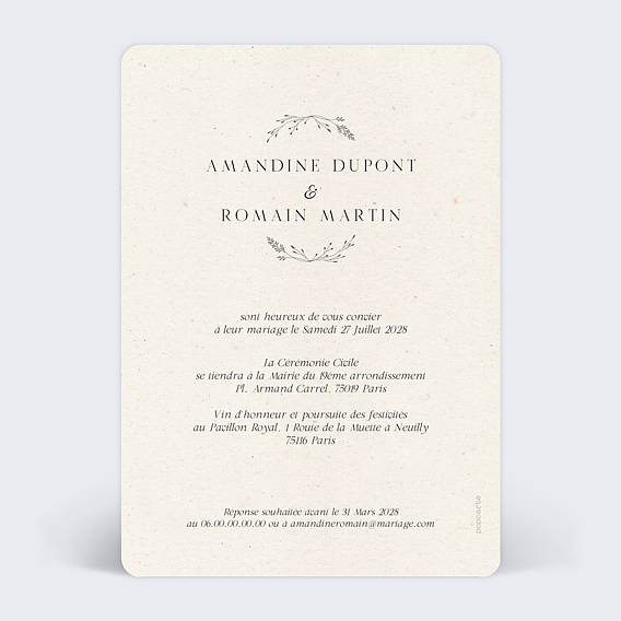 Faire part mariage Initiales Raffinées Verso