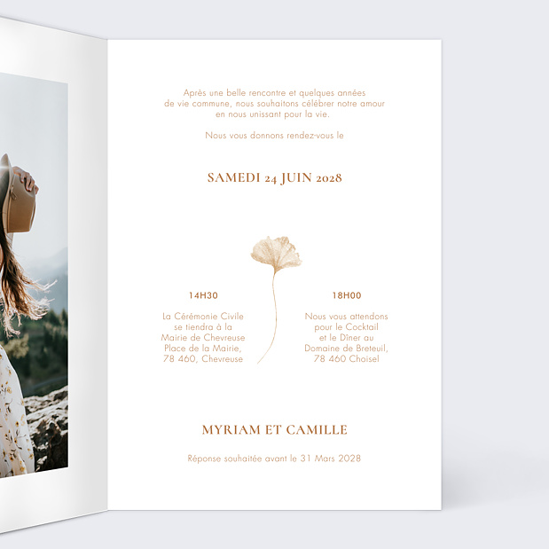 Faire-part Mariage Initiales Ginkgo Intérieur Droit