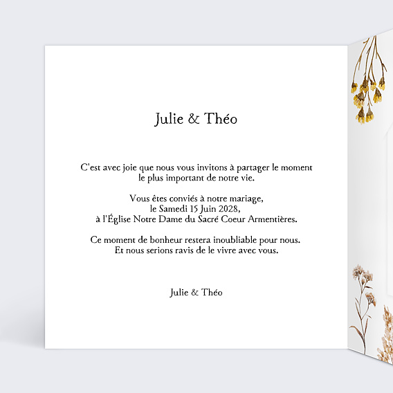 Faire part mariage Bouquet Sauvage avec Graines Intérieur Gauche