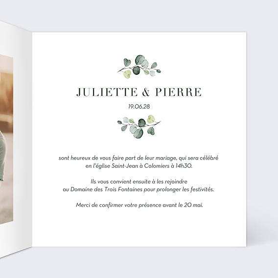 Faire part mariage Petite branche eucalyptus Intérieur Droit