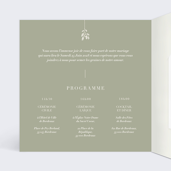Faire part mariage Botanica avec Graines Intérieur Gauche