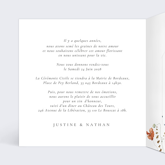 Faire part mariage Fleurs des champs avec graines Intérieur Gauche