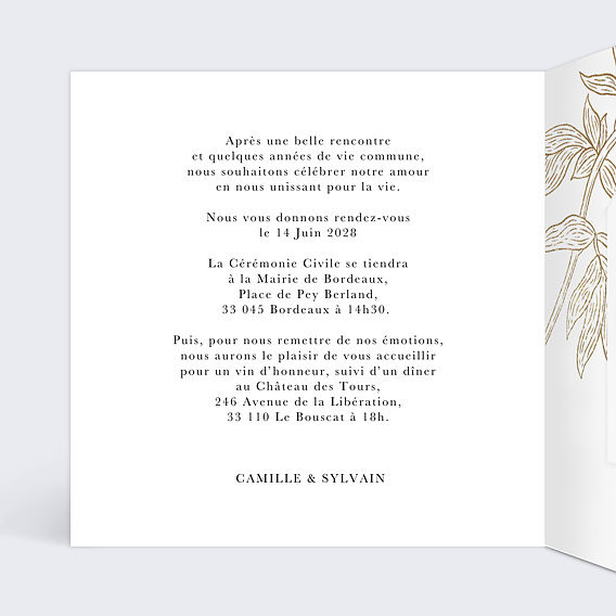 Faire part mariage Initiales Fleuries avec graines Intérieur Gauche