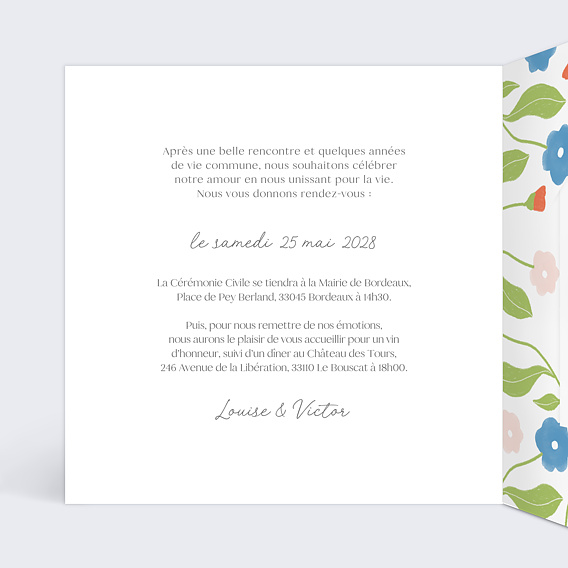 Faire part mariage Semons les Fleurs Intérieur Gauche